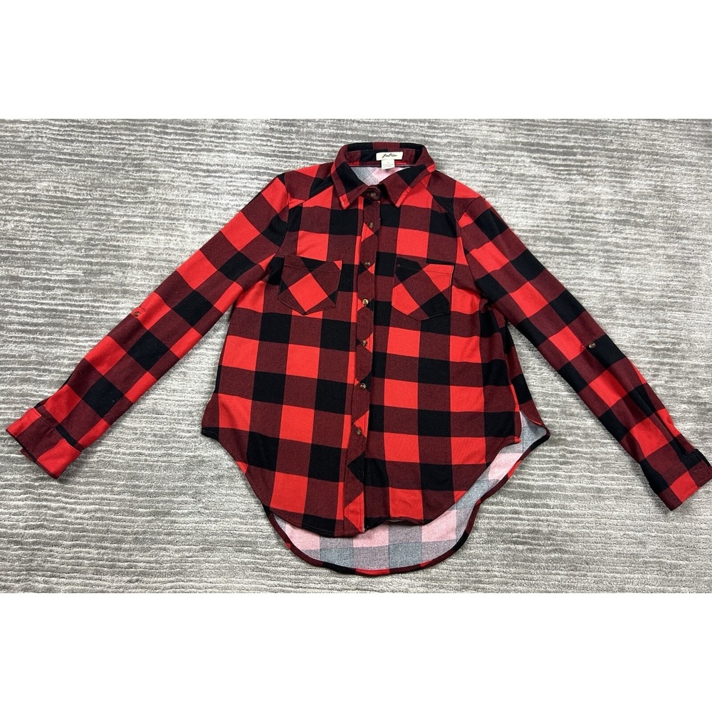 Love Potion Plaid Shirt Women L Red Black Buffalo Check Roll Tab High Low Top